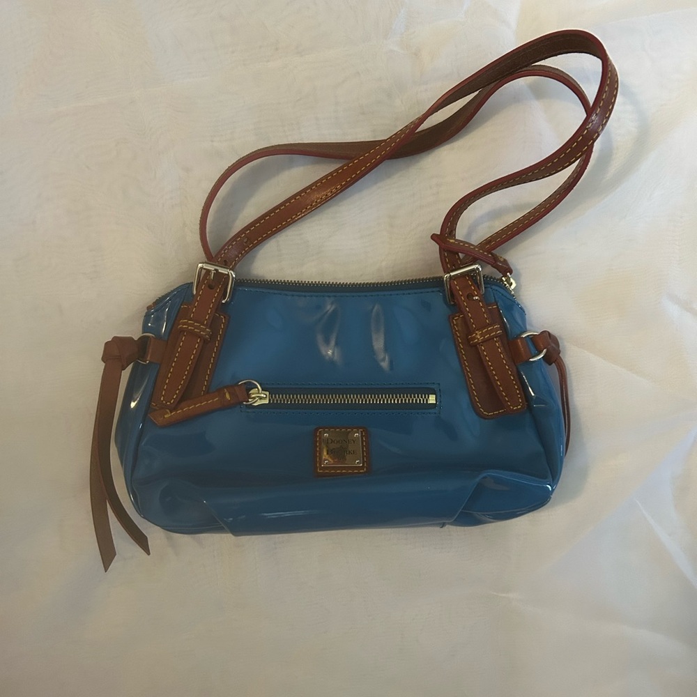 Dooney & Bourke Blue Patent Vinyl Shoulder Bag with Tan Leather Trim